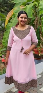 'Blossoms' Ajrakh Yoke Light Pink Georgette Kurti