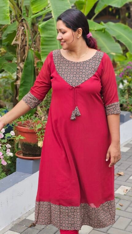'Blossoms' Ajrakh Yoke  Maroon Georgette Kurti