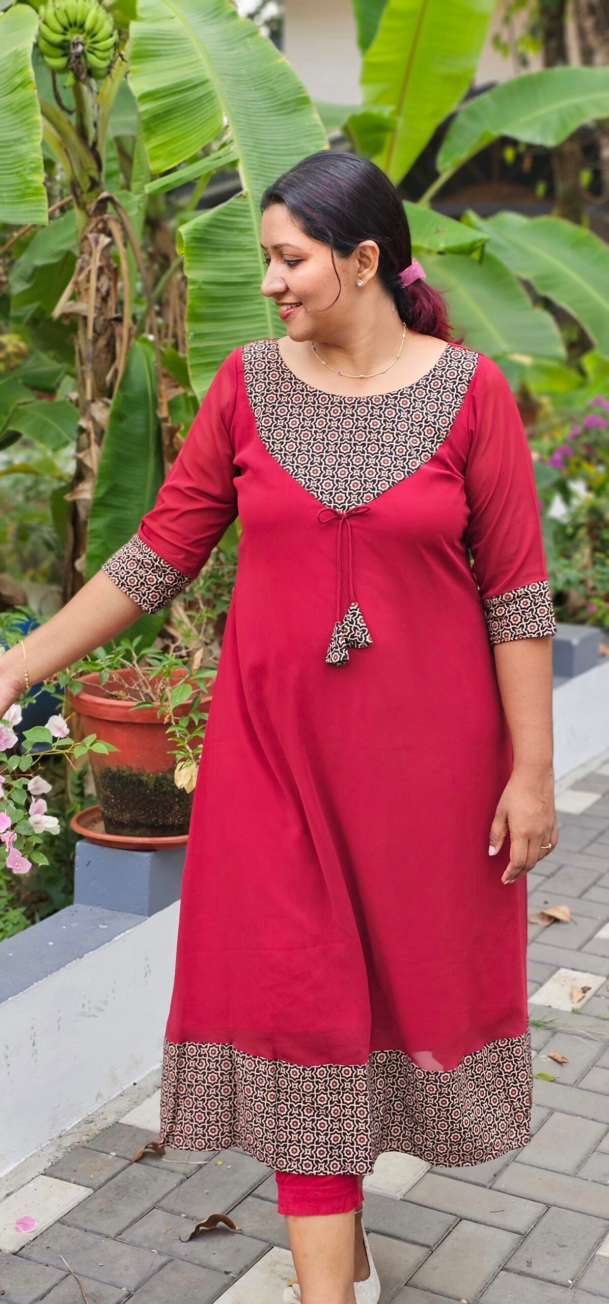 Blossoms' Ajrakh Yoke Georgette Kurti (5) 'Blossoms' Ajrakh Yoke Maroon Georgette Kurti - Image 1