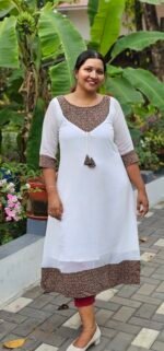 'Blossoms' Ajrakh Yoke White Georgette Kurti