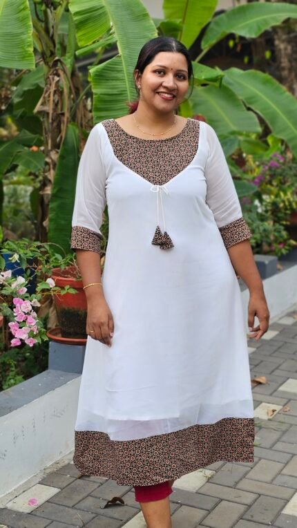'Blossoms' Ajrakh Yoke White Georgette Kurti